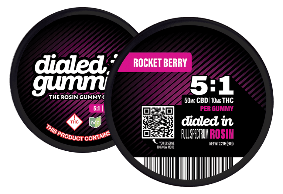 Dialed In | Gummies | Gummies | Live Rosin | Rocket Berry | 5:1 CBD:THC | 100mg