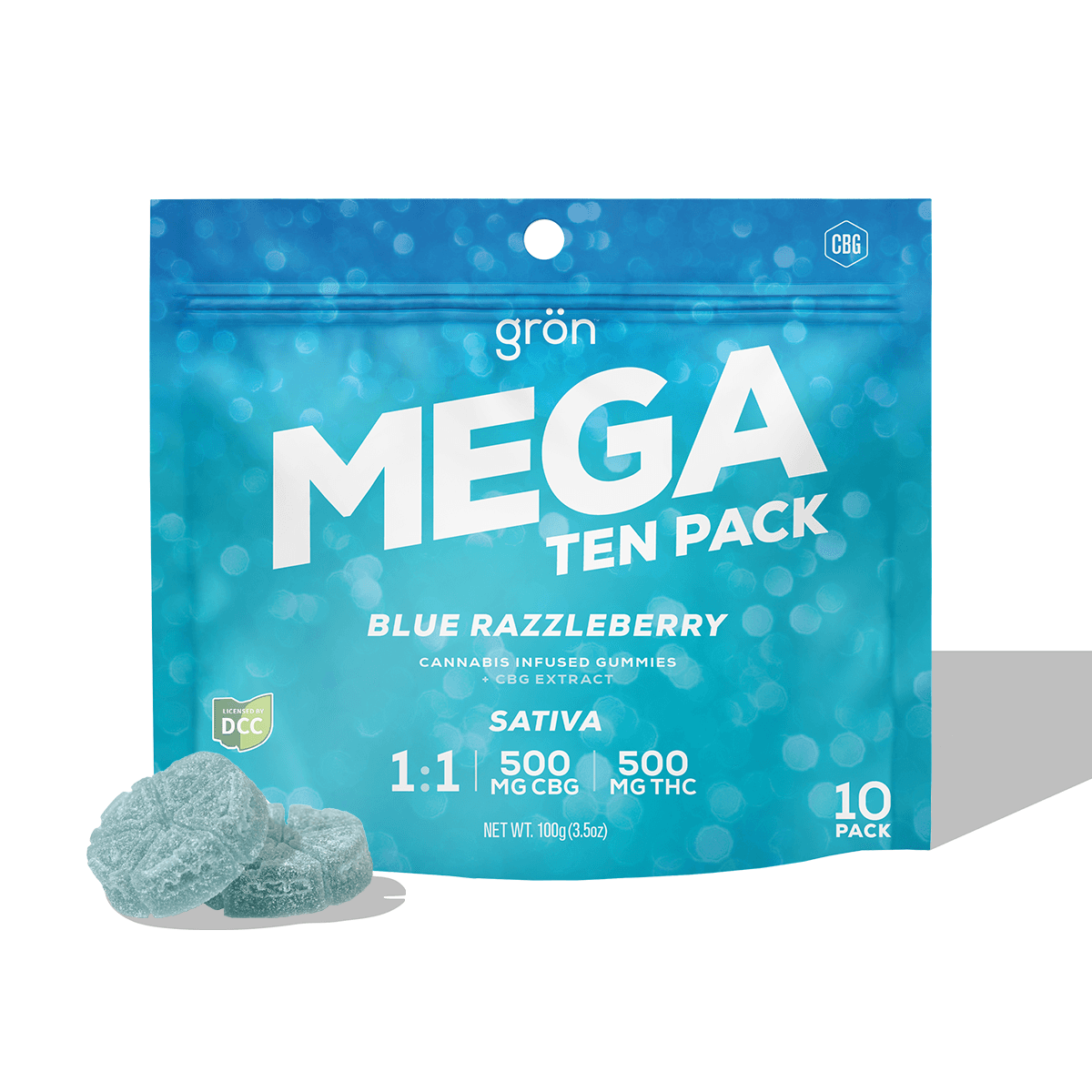 Gummies - Blue Razzleberry Mega Pearls 1:1 THC:CBG (S) (10pk) 500mg