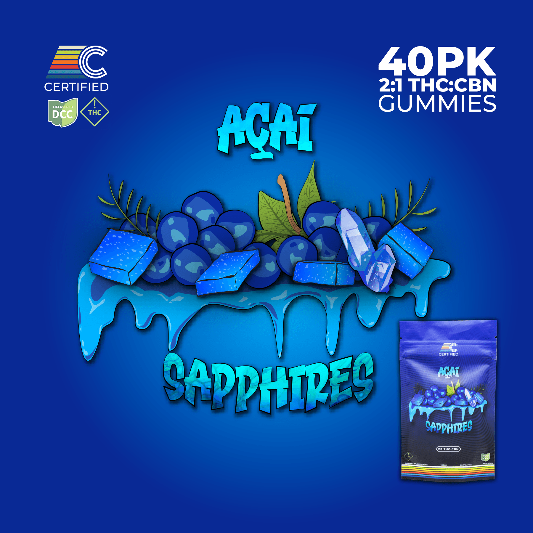 Certified | 40 pack | 2:1 THC:CBN Acai Sapphires Gummies