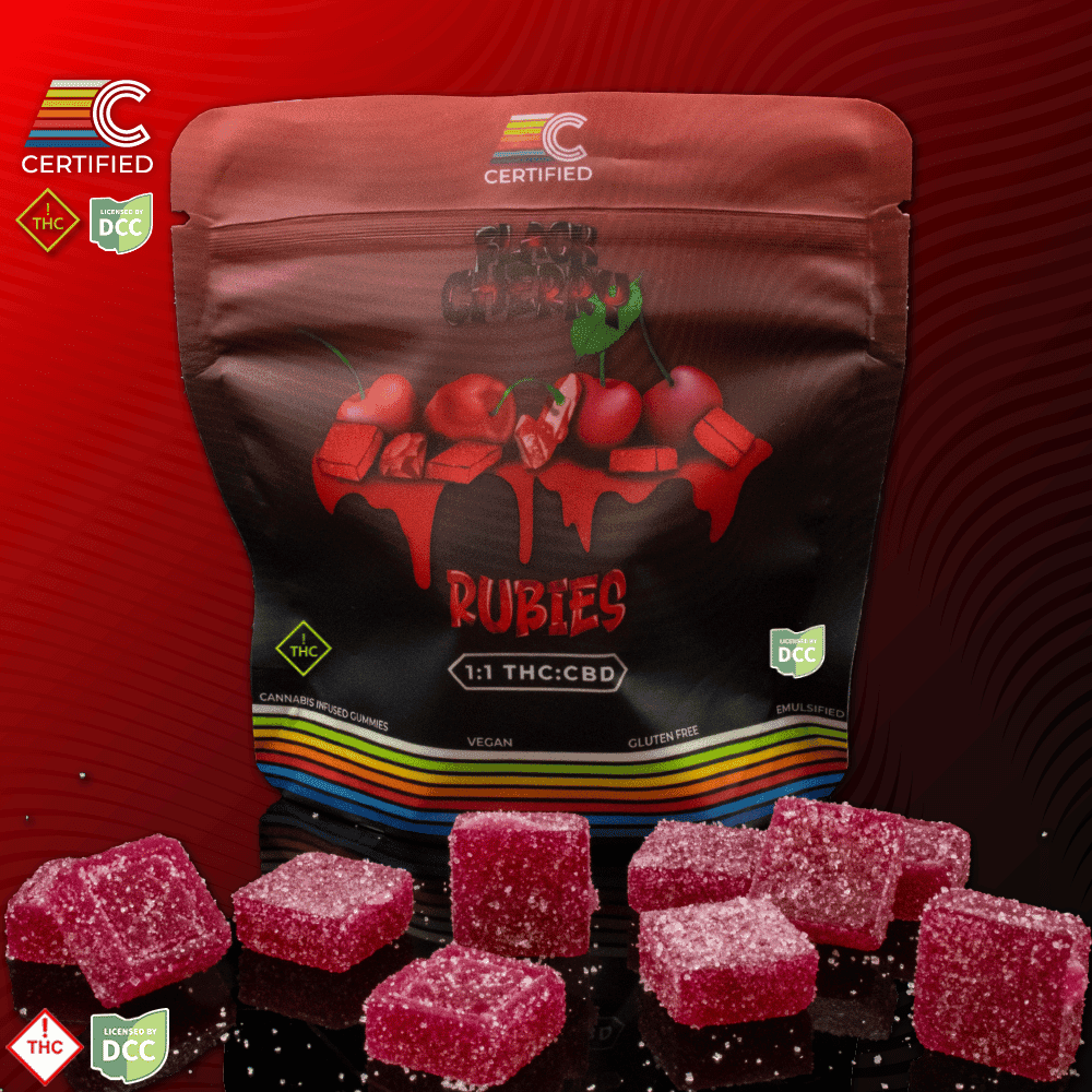 1:1 Low-Potency Black Cherry Rubies [20pk] (100.3mg CBD/101.15mg THC)