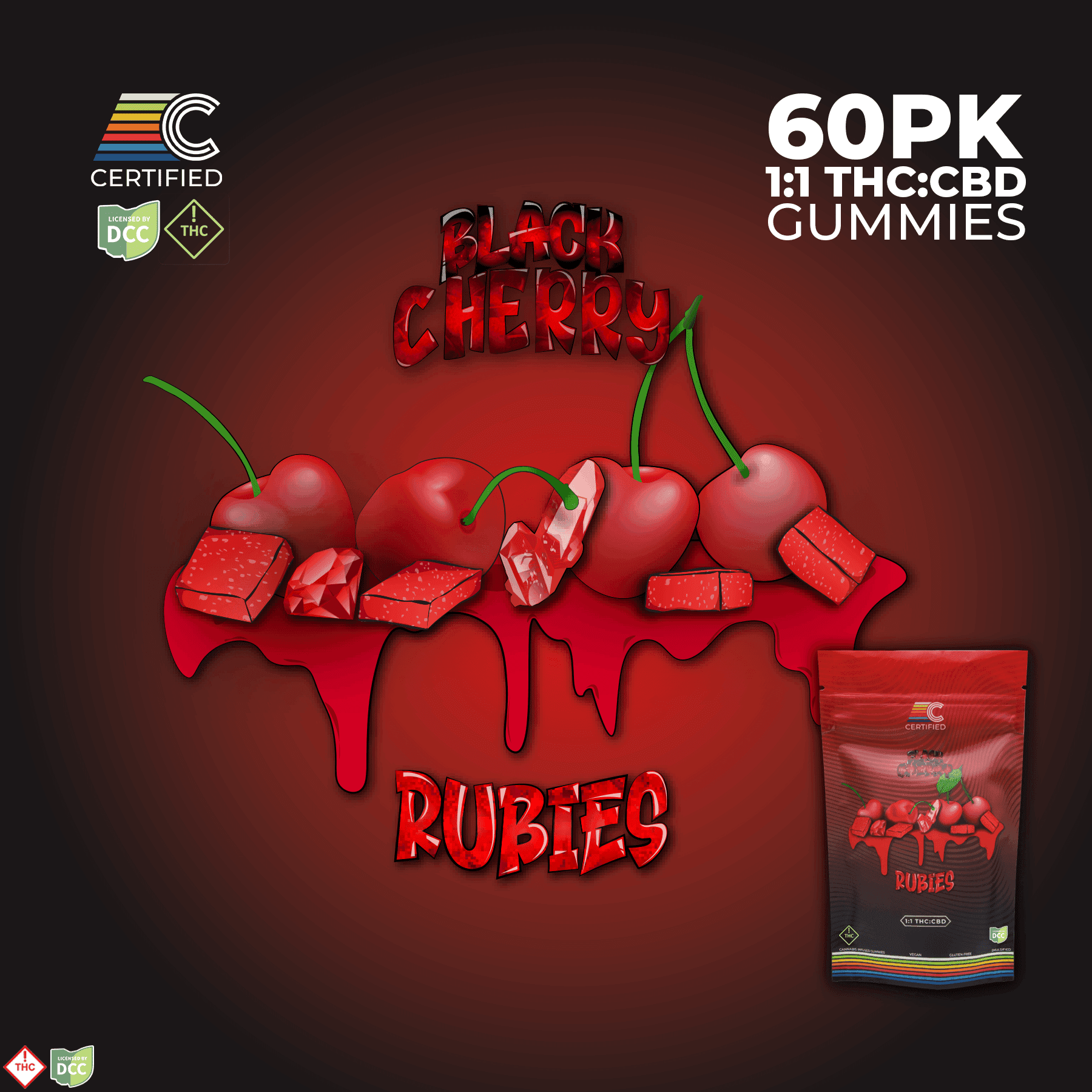 1:1 Black Cherry Ruby Gems [60pk] (300mg CBD/300mg THC)
