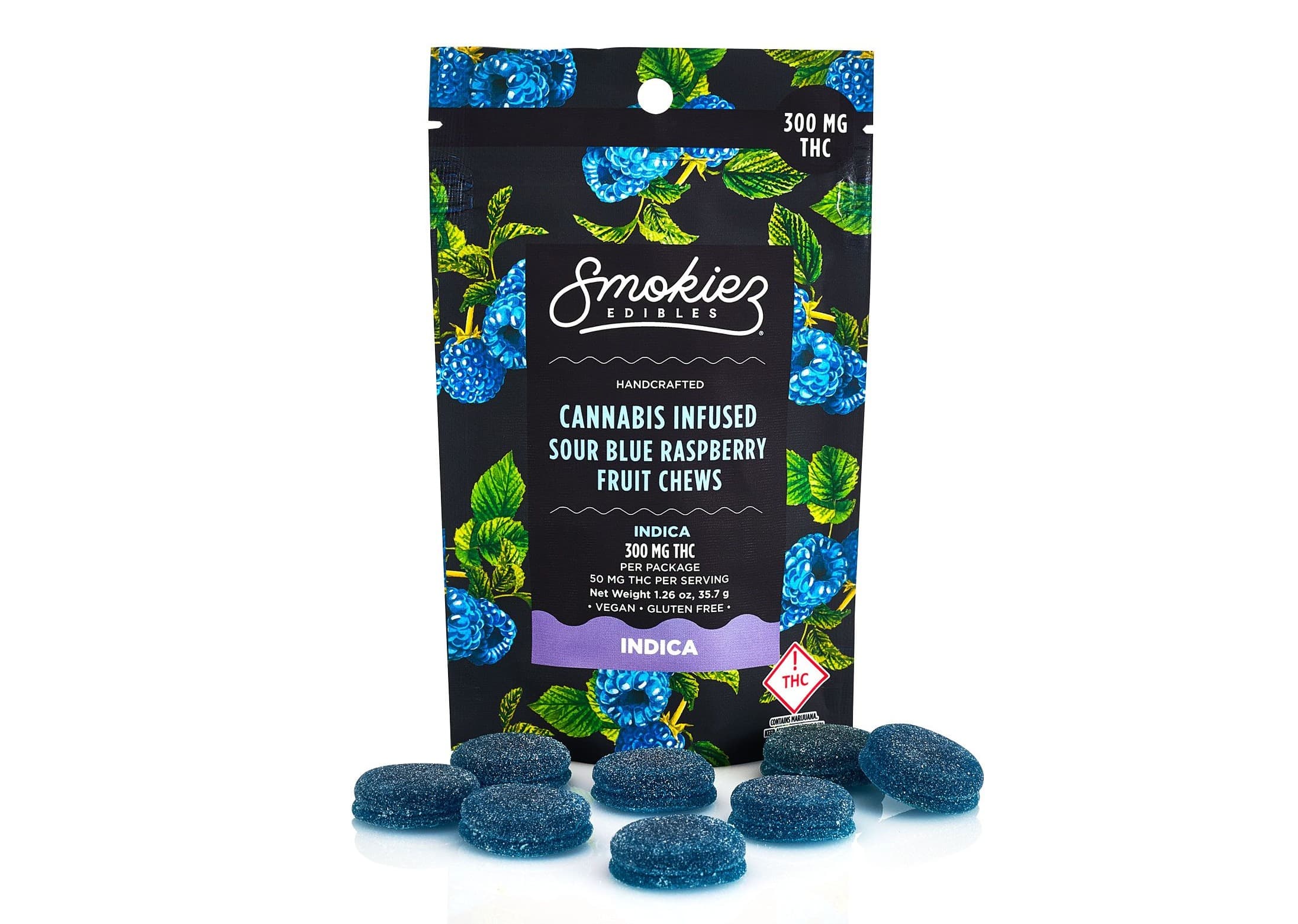 Sour Blue Raspberry Indica  300mg THC Fruit Chews
