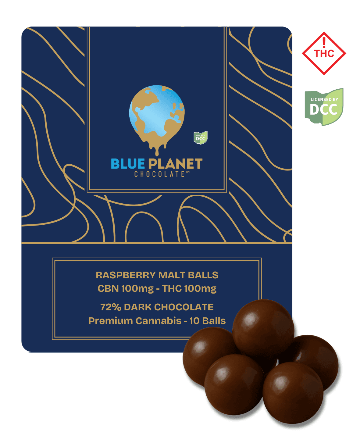 Blue Planet | Raspberry Dark Chocolate 1:1 CBN:THC 10pk | 100mg Malt balls